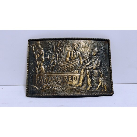 VINTAGE 70'S PANAMA RED BRAND TOBACCO 3.5” ENGRAVED METAL BELT BUCKLE - Picture 1 of 3